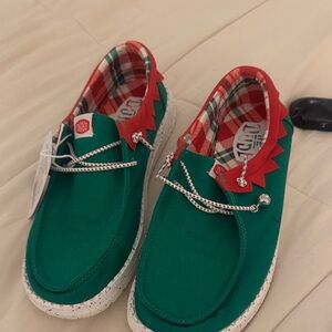 Hey Dude Green and red woman’s Christmas shoes